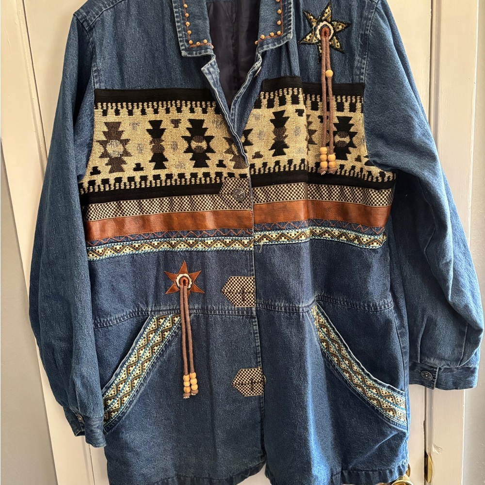Women's Blue Denim Jacket with Tribal Pattern